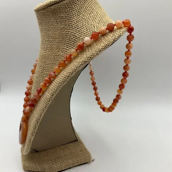 New Long Orange Agate Beaded Necklace Heart Pendant Engraving 15" - Picture 6 of 9